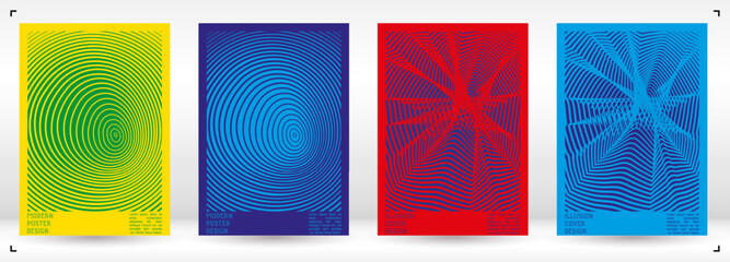 Geometrical Poster Design with Optical Illusion Effect.  Modern Psychedelic Cover Page Collection. Colourful Wave Lines Background. Fluid Stripes Art. Swiss Design. Vector Illustration for Brochure.