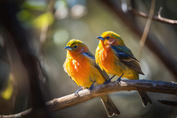 spring colored birds flirting, natural design, unique moments in the wild, generative AI