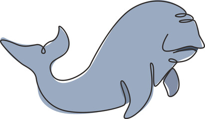 Single one line drawing of funny dugong for nautical logo identity. Sea pig or sea  camel mascot concept for aquatic show icon. Modern continuous line draw design graphic vector illustration