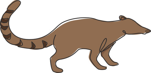 One continuous line drawing of cute coati for company logo identity. Diurnal mammals mascot concept for national zoo icon. Modern single line draw design graphic vector illustration