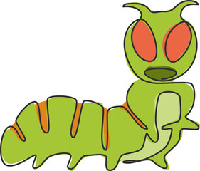 Single continuous line drawing of adorable caterpillar for company logo identity. Serious agricultural pest mascot concept for pest control icon. Modern one line draw design vector illustration