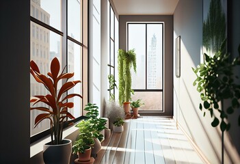 Bright light hallway interior with designer walls, panoramic window, decorative plants and city view. 3D Rendering. Generative AI