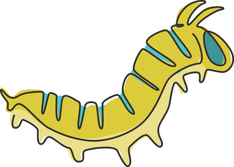 Single one line drawing of beauty caterpillar for company logo identity. Eating machines insect mascot concept for pest control service icon. Modern continuous line draw design vector illustration
