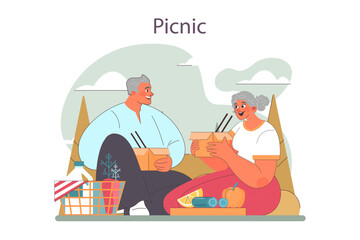 Happy elderly couple spending time outdoor together. Senior people