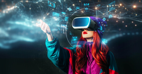 Concept of stylish woman in VR glasses with future interface on dark background