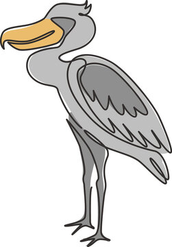 recommend clip art: Single continuous line drawing of large adorable shoebill for logo identity. Big prehistoric dinosaur bird mascot concept for conservation park icon. Modern one line draw design vector illustration