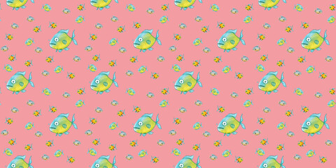 pattern. Set with fish. Sea and river fish. Horizontal image. Banner for insertion into site.
