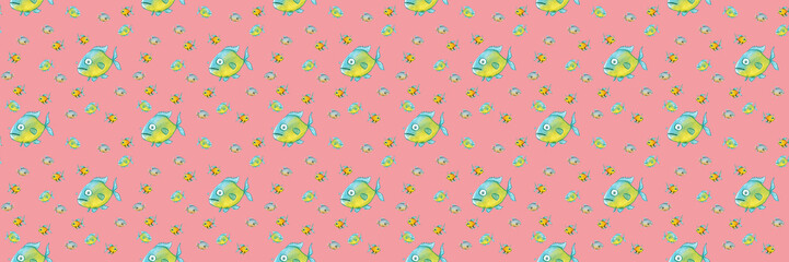 pattern. Set with fish. Sea and river fish. Horizontal image. Banner for insertion into site.