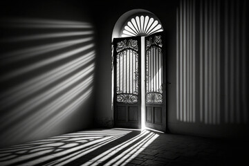 black and white illustration of an entrance door consisting of two doors created with Generative AI technology