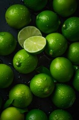 Lots of ripe limes with water drops. Background design with fresh wet limes. Generative AI.
