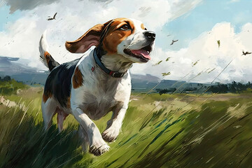 picture of a small dog running through a green meadow created with Generative AI technology