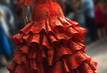 Close up of traditional flamenco dress at Seville April Fair (Feria de Abril de Sevilla). Generative Ai - obrazy, fototapety, plakaty