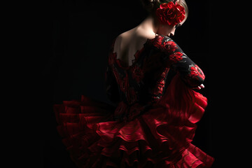 Attractive Woman wearing traditional flamenco dress on black background (Seville April Fair). Generative Ai