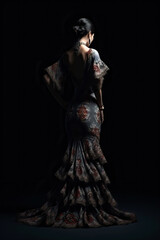 Attractive Woman wearing traditional flamenco dress on black background (Seville April Fair). Generative Ai