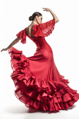 Naklejka premium Attractive Woman wearing traditional flamenco dress on white background (Seville April Fair). Generative Ai