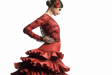Attractive Woman wearing traditional flamenco dress on white background (Seville April Fair). Generative Ai