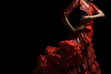 Close up of  traditional flamenco dress on black background (Seville April Fair). Generative Ai