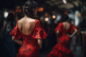 Young woman wearing traditional flamenco dress at Seville April Fair (Feria de Abril de Sevilla). Generative Ai