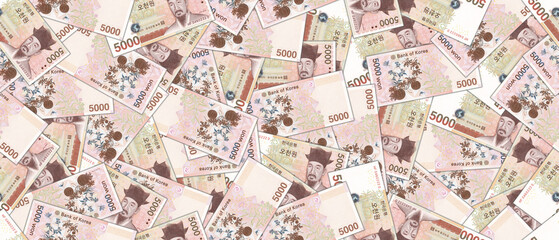Financial Korean wide illustration. Seamless pattern. Randomly scattered paper banknotes of South Korea, denomination of 5000 won. Wallpaper or background.