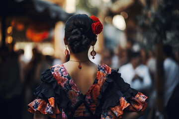 Attractive woman in traditional dress at the April Fair, Seville Fair (Feria de Sevilla). Seville April Fair. Generative Ai - obrazy, fototapety, plakaty