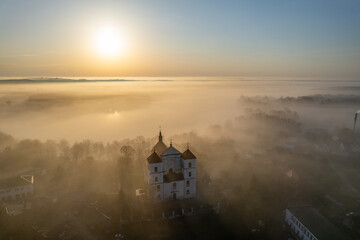 Obraz na płótnie Canvas Aerial beautiful spring morning fog view of Trakai Castle, Lithuania