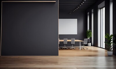 Blank black partition with place for advertising poster or logo in modern interior design spacious office hall with conference table, wooden floor and dark wall background Mock up, AI generative - obrazy, fototapety, plakaty