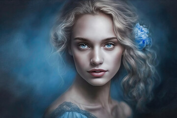 young woman with blond hair and blue eyes created with Generative AI technology