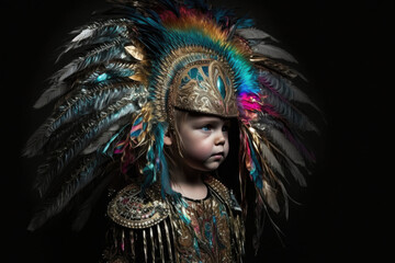 little boy wears a colorful costume with extremely large headdress, the costume shimmers in many colors created with Generative AI technology