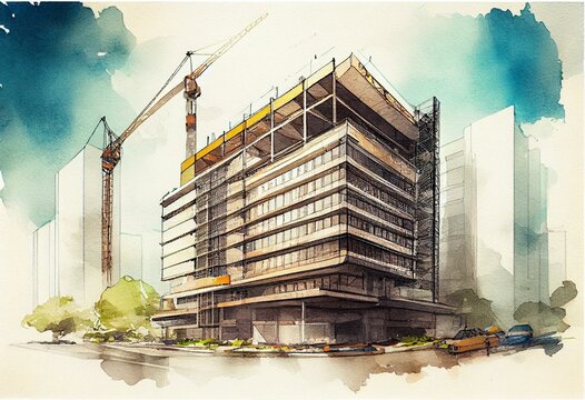 横浜の建設現場 Construction work of high-rise building. Illustration of watercolor painting style. Generative AI