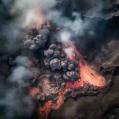 The Fury of Mother Nature: Dangerous volcano eruption view from above, Generative AI