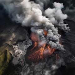 The Fury of Mother Nature: Dangerous volcano eruption view from above, Generative AI