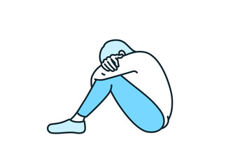 膝を抱えるポーズ。つらい現実に塞ぎ込んでしまう女性のイラスト素材。