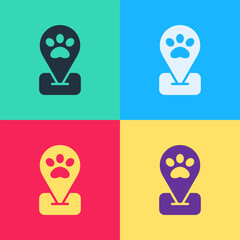 Pop art Location pet grooming icon isolated on color background. Pet hair salon. Barber shop for dogs and cats. Vector