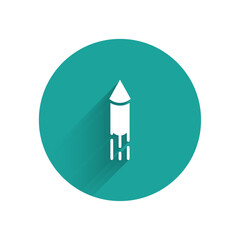 White Firework rocket icon isolated with long shadow. Concept of fun party. Explosive pyrotechnic symbol. Green circle button. Vector
