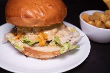 Fresh tasty burger and french fries on black table.