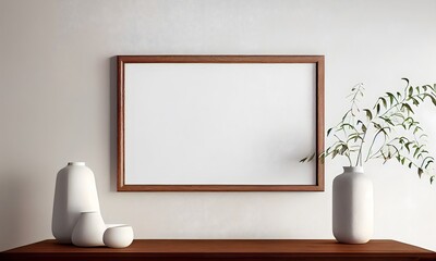 Blank wooden picture frame mockup on wall in modern interior. template mock up for artwork, painting, photo or poster in interior design. Ai generative