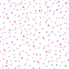 Fototapeta na wymiar Abstract vector simple seamless pattern with pink hearts, dots and florals