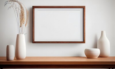 Blank wooden picture frame mockup on wall in modern interior. template mock up for artwork, painting, photo or poster in interior design. Ai generative