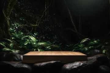 Elevating Your Product Display: Professional Photography of an Empty Space Mockup Podium with a Jungle-Themed Nature Background for a Stunning Visual Impact