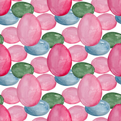 Seamless abstract pattern. Watercolor eggs, stones, dragees
