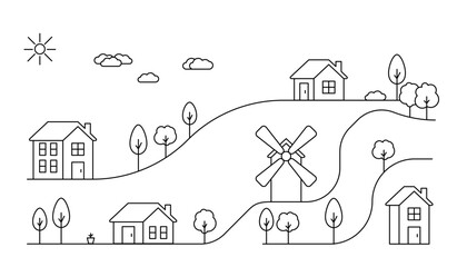 Houses and mill in village on hill, line art. Landscape and residential building. Exterior home in country landscape. Vector outline