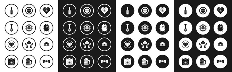 Set Heart with four leaf clover, Bottle cap, Tie, Beer bottle, Witch cauldron, Gold coin, Leprechaun hat and and Happy Saint Patrick day icon. Vector