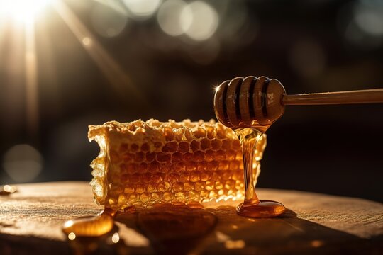 Honey dripping from honey stick on honeycomb . Generative AI