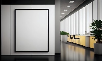 Front view on blank white poster on dark wall with place for your logo or text in loft style spacious office hall with conference table, wooden floor and dark wall background. Ai generative