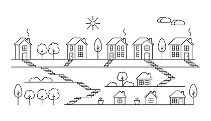 Houses with hill and steps in village, line art. Landscape and residential building. Exterior home in country landscape. Vector outline