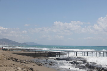 Storm on the beach on a cloudy day, minimalism, Alanya, Turkey, April 2023.
