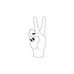 Peace gesture vector clip-art isolated on white. Women hands showing hippie groovy peaceful mood. Linear black and white vector illustration isolated on white.
