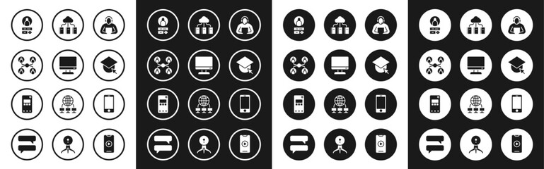 Fototapeta premium Set Student, Computer monitor screen, Online class, Create account, Graduation cap globe, Cloud online library, Mobile phone and icon. Vector