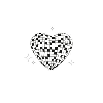 Groovy Hippie Sparkling Disco Heart illustration. Valentines Day design. Black and white vector clip-art isolated.