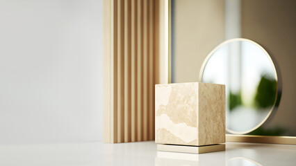 Travertine empty podium with round mirror on modern bathroom interior background. Scene stage showcase for beauty and spa products, cosmetics, promotion sale or advertising. Copy space. Generative ai